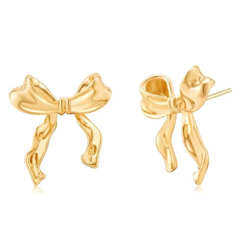 Gold Bow Earrings for Women 14K Gold Plated Ribbon Bowknot Stud Earrings Cute Bow Earring Gift | Amazon (US)
