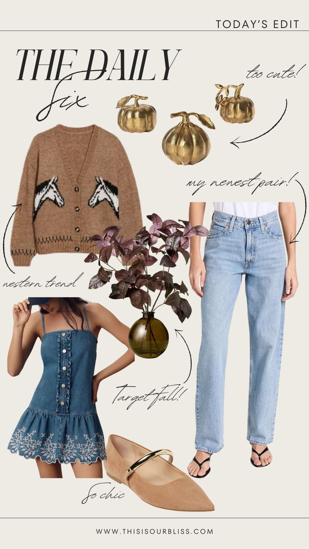 The daily 6️⃣! Today’s finds! 

- Western horse, themed cardigan
- set of 3 gold pumpkins
- my newest Levi’s
- fall foliage from target 
- cute denim dress on sale 
- darling Maryjane’s with gold strap

Fall finds, fall decor, Dad jeans, Old Navy, target, Levi’s, Anthropologie, Anthro 

#LTKHome #LTKSaleAlert #LTKFindsUnder50