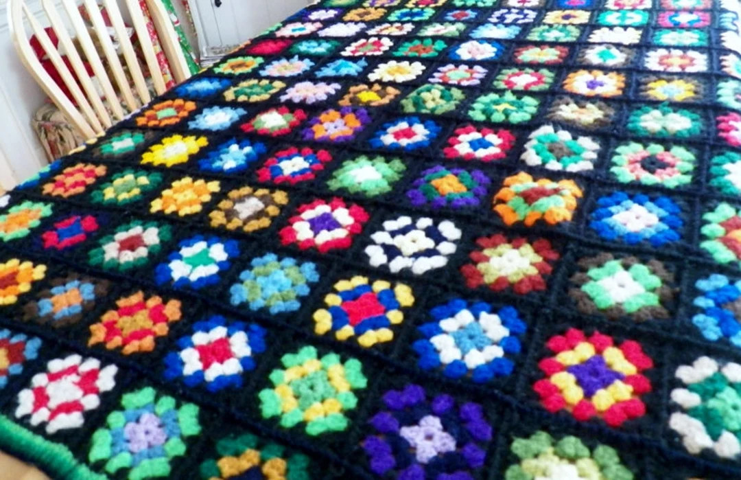 Vintage MID CENTURY Hand Crocheted AFGHAN Throw 48" x 60" Granny Squares Great Condition Multi-Co... | Etsy (US)