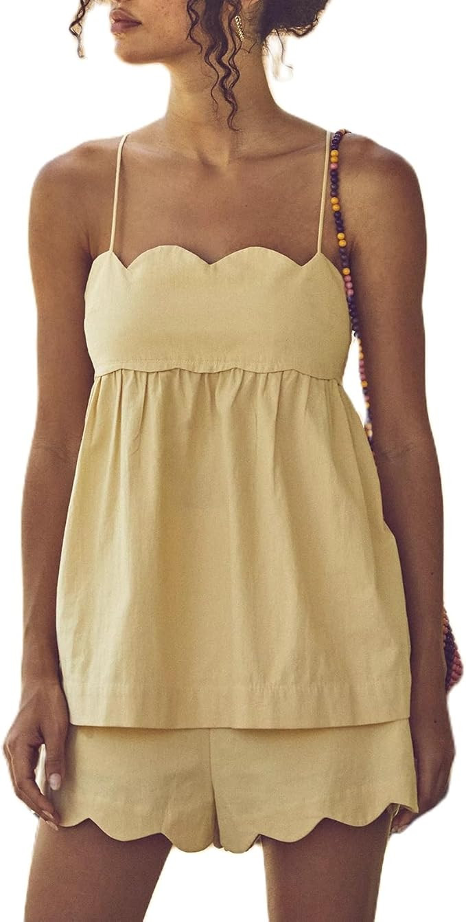 Women 2 Piece Casual Lounge Set Sleeveless Strappy Tie Back Cami Top Wide Leg Shorts 2Pcs Summer ... | Amazon (US)