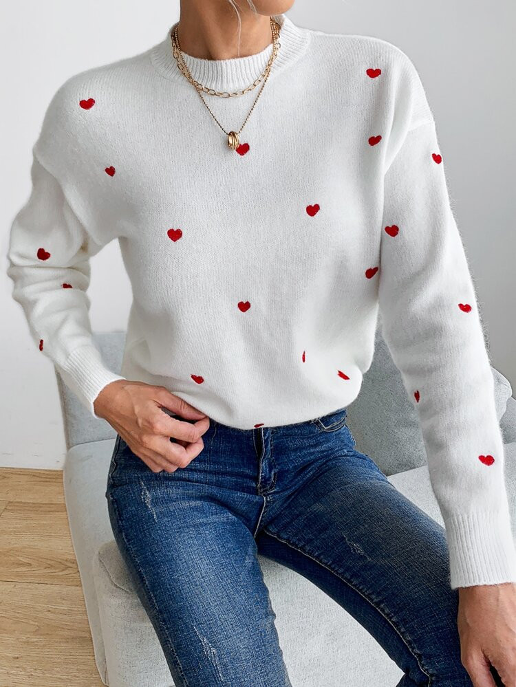 Mock Neck Heart Pattern Drop Shoulder Sweater | SHEIN