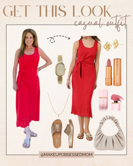 Try this red sleeveless side-tie midi dress! So perfect for a casual look! Pair it with these gold cork sandals, white ruched hobo bag, gold and dainty accessories, and more!
#capsulewardrobe #midlifeblogger #casualstyle #summerfashion

#LTKSeasonal #LTKStyleTip #LTKItBag