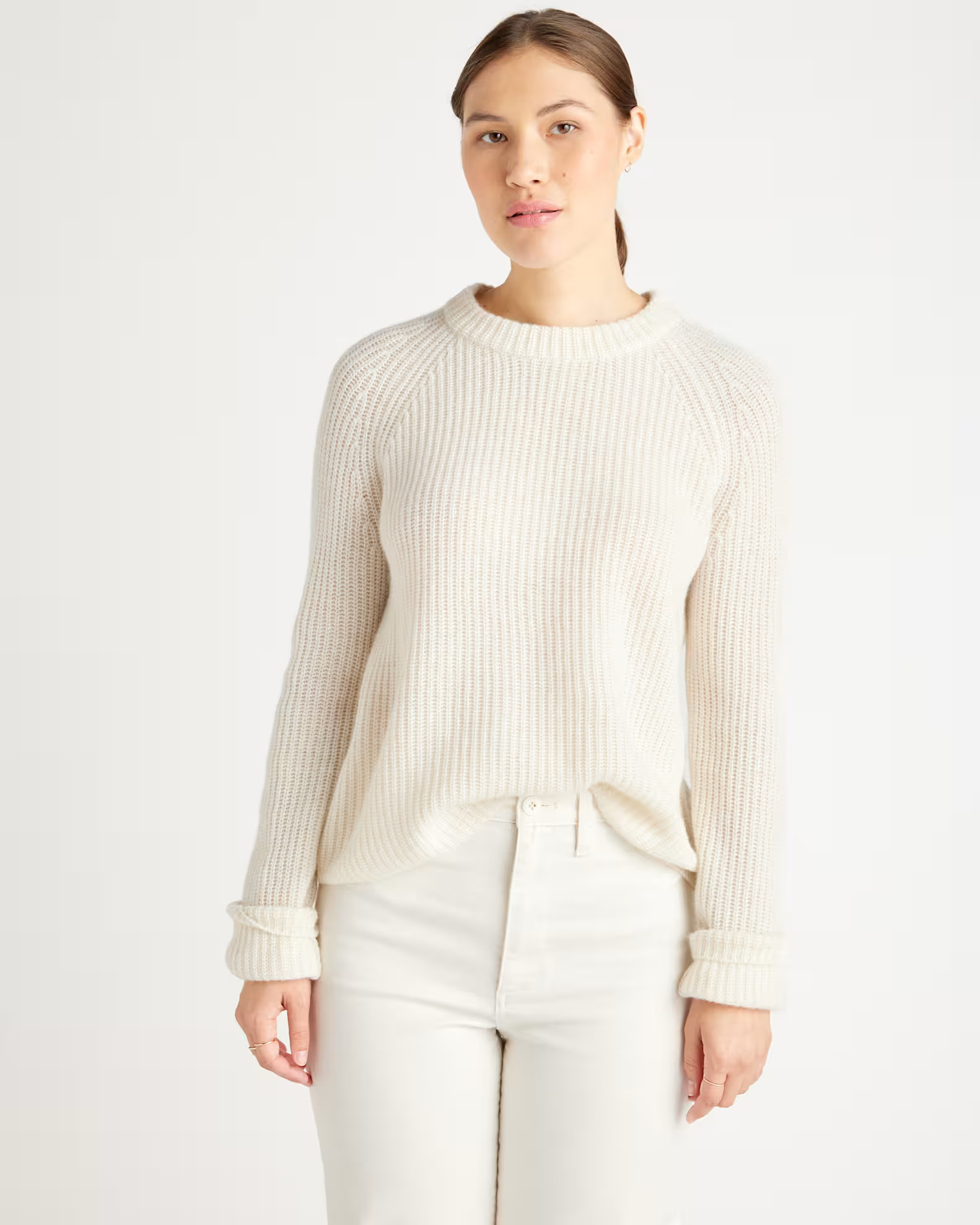 Ivory Lightweight Mongolian Cashmere Fisherman Crewneck Sweater | Quince