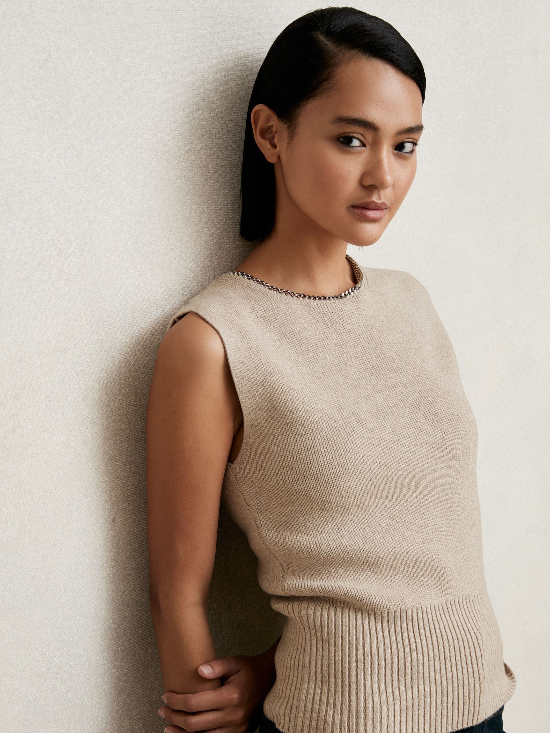 Wool-Blend Necklace-Trim Knitted Vest in Neutral | Reiss DE
