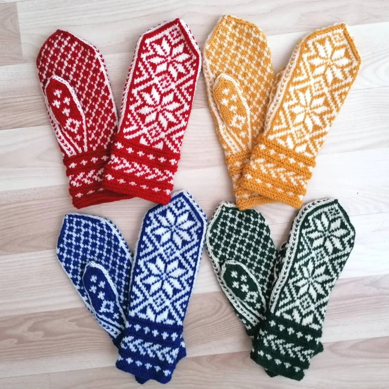 Hand Knitted Wool Nordic Mittens: Colorful Winter Gloves - Etsy | Etsy (US)