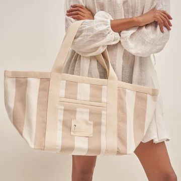 manebi tote bag canvas white and beige stripes | minnow