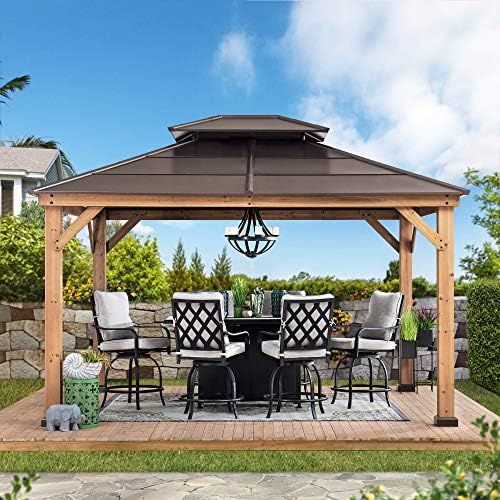 Sunjoy Chapman 11 x 13 ft. Outdoor Patio Cedar Framed Wood Gazebo with Brown Double Steel Hardtop... | Amazon (US)