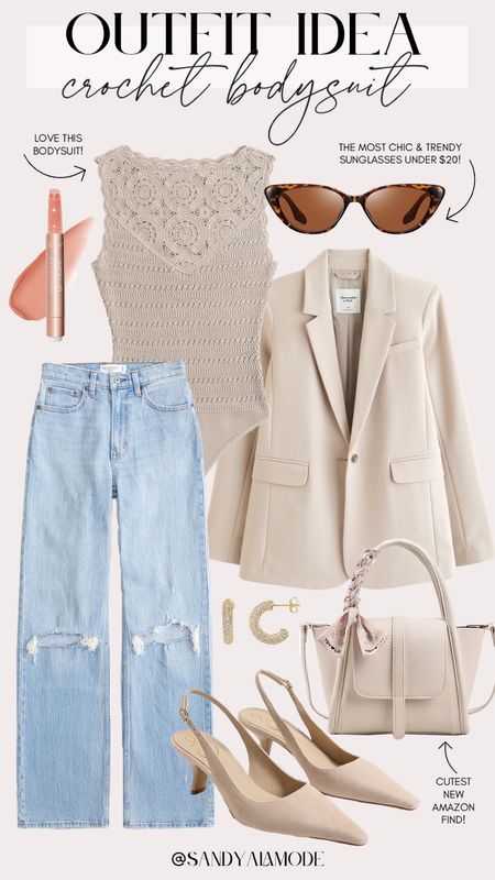 Chic neutral outfit | winter to spring outfit | classic work look | neutral date night outfit | girls night out look | Abercrombie distressed denim | crochet knit bodysuit | chic neutral blazer | designer inspired Amazon handbag | chic trendy sunglasses 

#LTKstyletip #LTKSeasonal #LTKfindsunder100