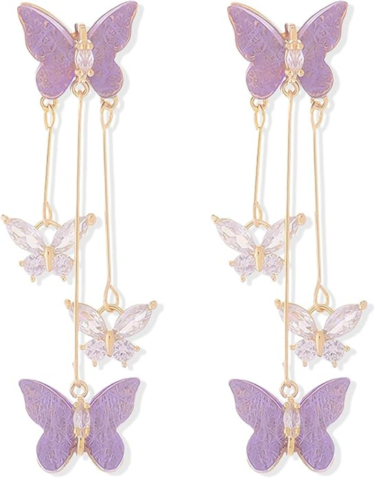 Butterfly Earrings for Women Sparkle Purple Butterfly Earrings Crystal Butterfly Tassel Earrings ... | Amazon (US)