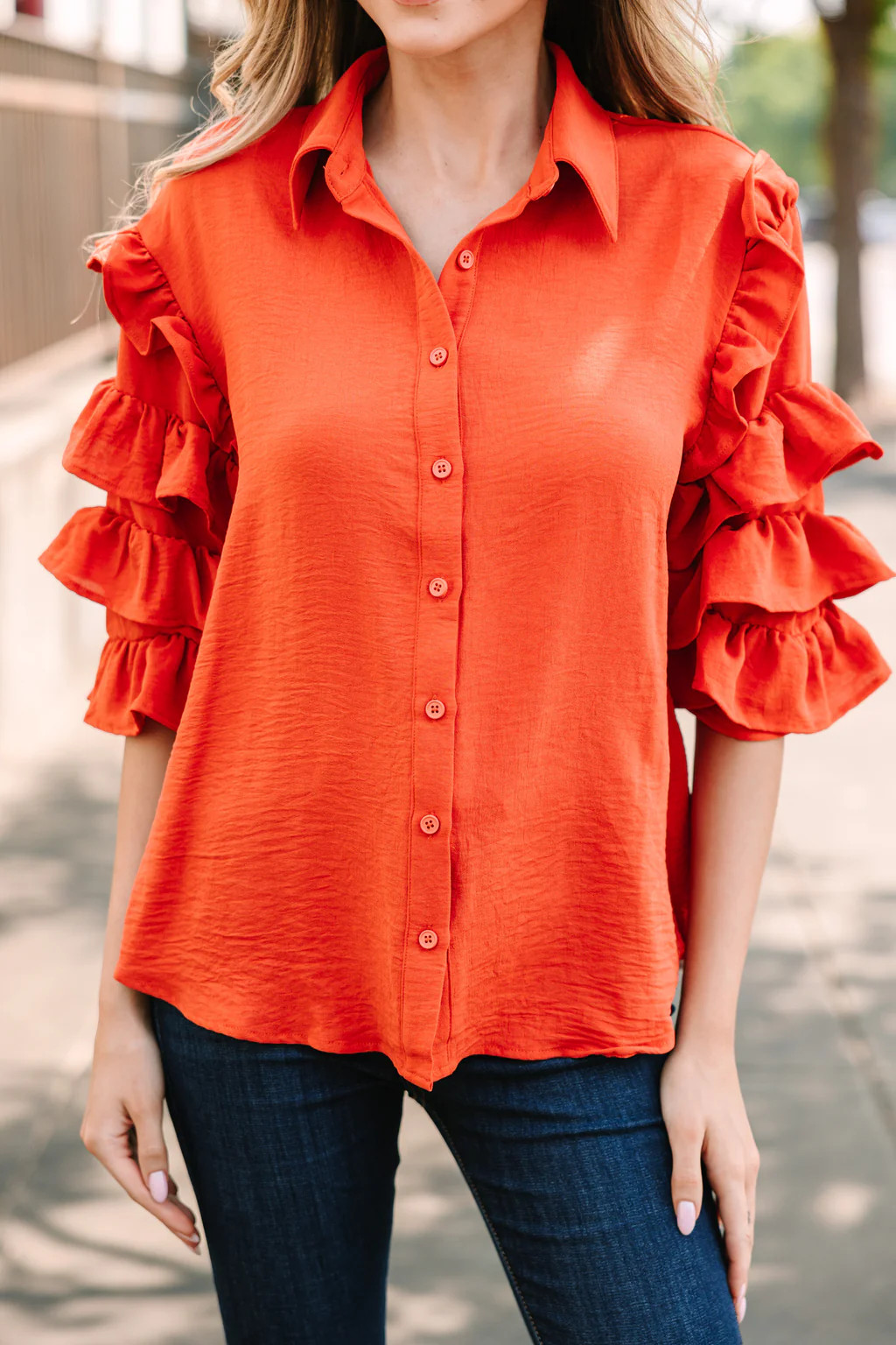 Make It Yours Rust Orange Ruffled Blouse | The Mint Julep Boutique