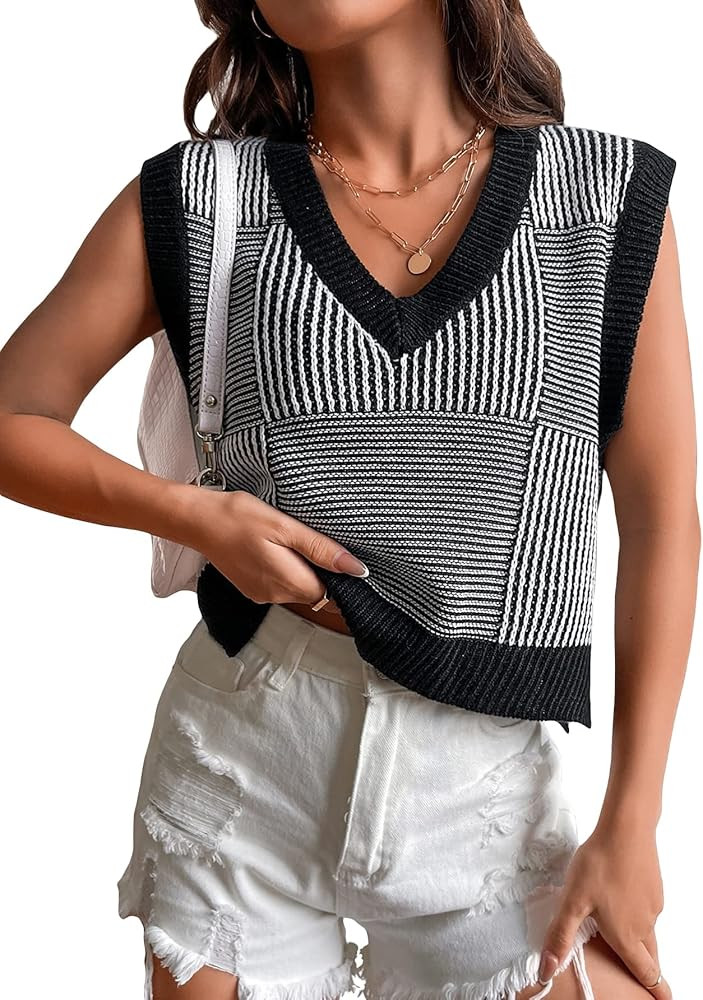 SOLY HUX Women's Striped Print V Neck Pullover Sweater Vest Sleeveless Knitwear Tank Tops | Amazon (US)
