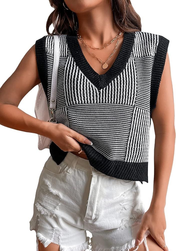 SOLY HUX Women's Sleeveless V Neck Sweater Vest Trendy Pullover Knitwear Tank Tops | Amazon (US)