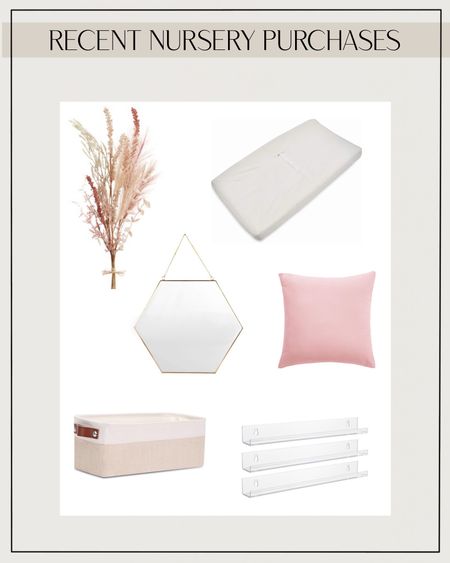 Recent nursery purchases. Changing pad cover, pink velvet pillow, acrylic shelves, faux floral stems, gold mirror. Pink nursery decor. 

#LTKbaby #LTKhome #LTKunder50