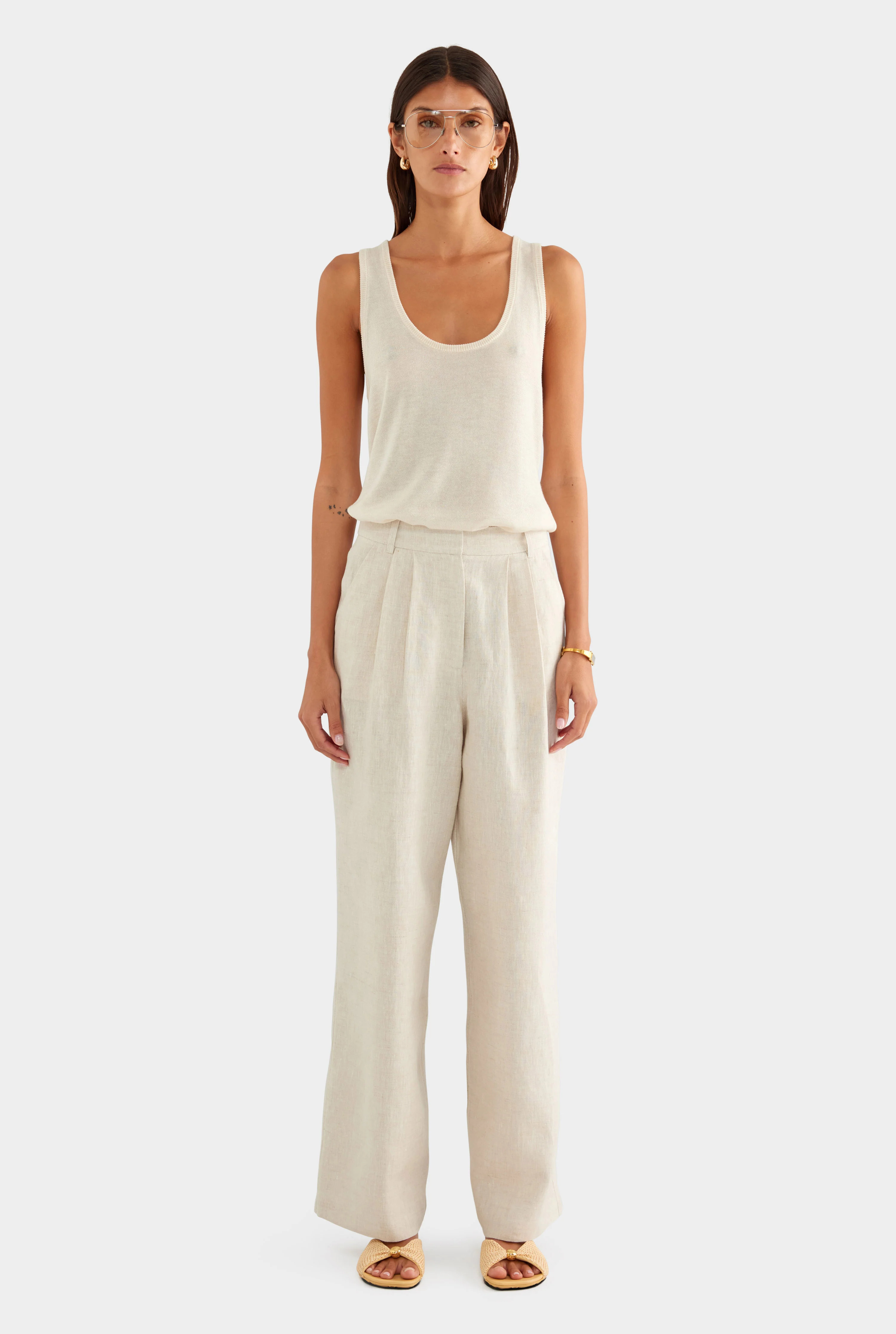 Fixed Waist Linen Trouser - Sand | Venroy AU