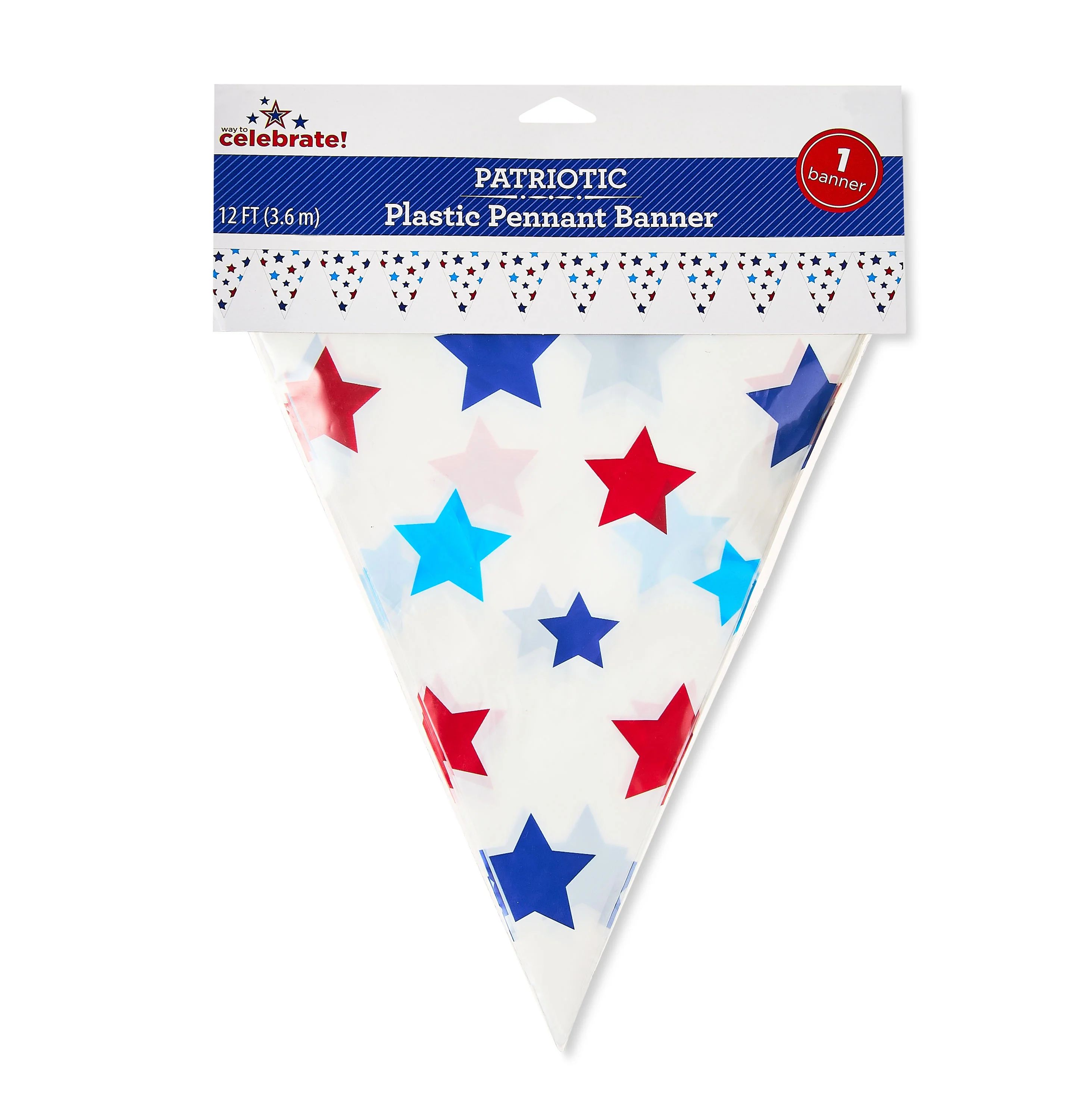 Patriotic Red, White & Blue Stars Plastic Pennant Banner, 12', by Way To Celebrate - Walmart.com | Walmart (US)