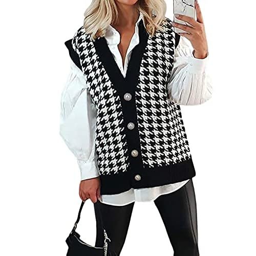 BLENCOT Women V Neck Knit Sweater Vest Argyle Pattern Sleeveless Oversized Checked Teens Knitwear... | Amazon (US)