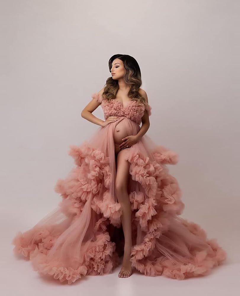 Maternity Tulle Dress Long Puffy Gown for Photoshoot V Neck Bathrobes for Women Sheer Robe Nightgown | Amazon (US)