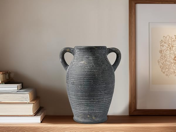 Sunddo Black Vases Home Decor, Rustic Farmhouse Ceramic Vase with 2 Handles, Vintage Stone Potter... | Amazon (US)