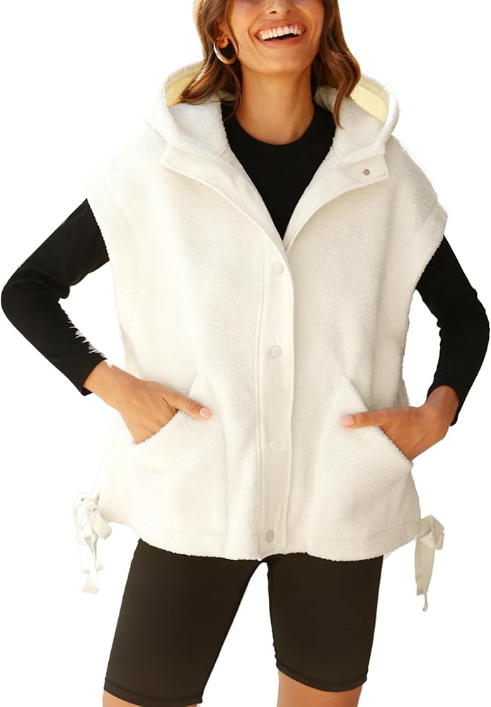 Womens Hooded Fleece Vest Oversized Sleeveless Sherpa Jacket Warm Button Down Gilet Outerwear wit... | Amazon (US)