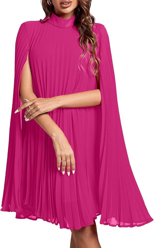 Rooscier Women's Mock Neck Cloak Sleeve Pleated Keyhole Back Flowy Party Midi Dress | Amazon (US)