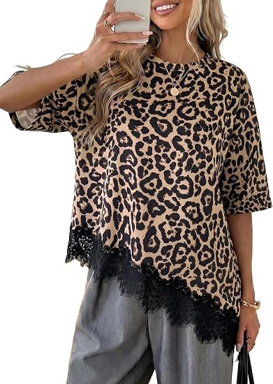 LOLONG Women Casual Crew Neck Half Sleeve Shirts Asymmetrical Lace Hem Tops | Amazon (US)