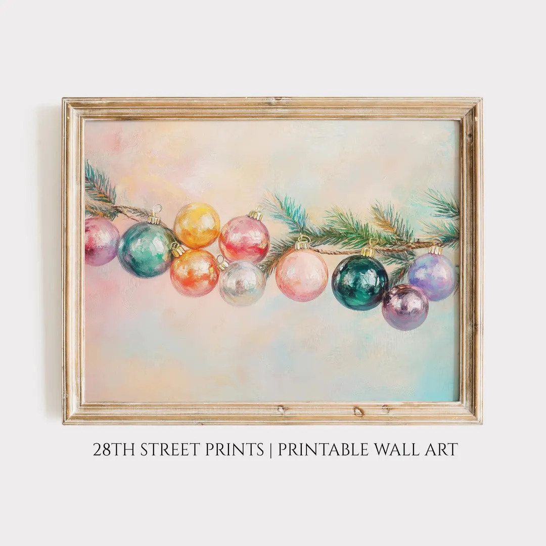 Pastel Vintage Christmas Ornaments Print, Colorful Holiday Printable, Festive Pink Wall Art, Wint... | Etsy (US)