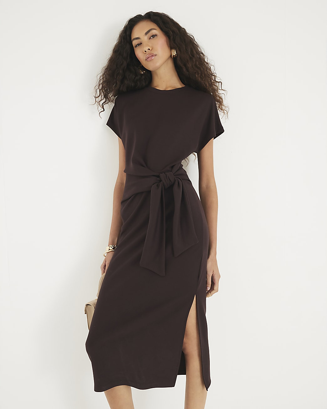 Brown Premium Short Sleeve Knot Midi Dress | River Island UK & IE