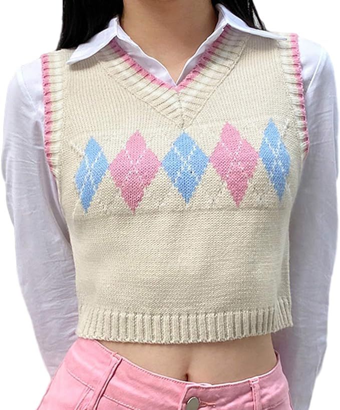 Women's Knit Sweater Vest Y2K Argyle Plaid E-Girls Preppy Style 90s Sleeveless Crop Knitwear Tank... | Amazon (US)
