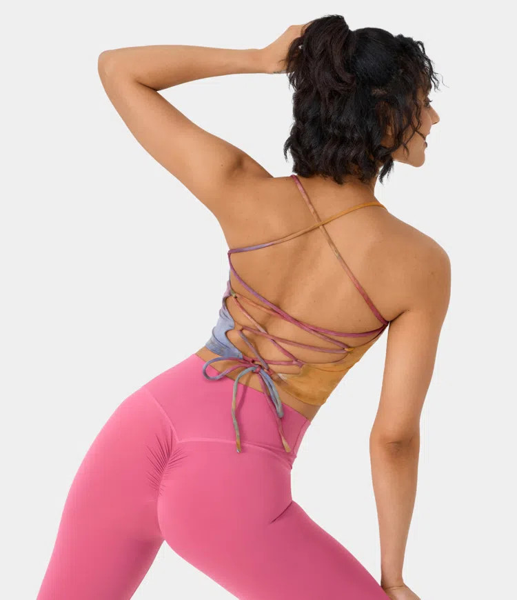 Women's Spaghetti Strap Tie Dye Backless Crisscross Lace Up Cropped Tank Top - HALARA | HALARA
