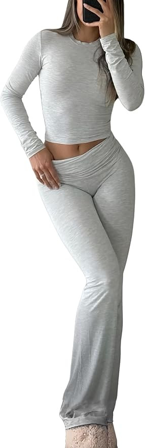 Women's 2 Piece Casual Pajama Set-Slim Fit Long Sleeve Top Low Rise Bell Bottoms-Versatile Yoga L... | Amazon (US)