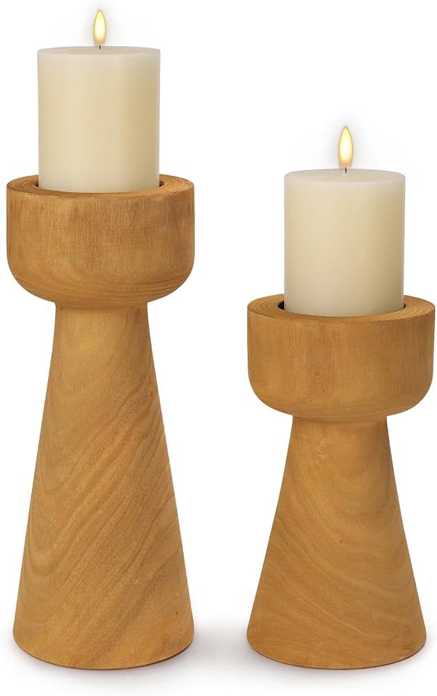 Amazon.com: Athaliah Wood Candle Holders, Rustic Wooden Candlestick Holders Pillar Set of 2, Hand... | Amazon (US)