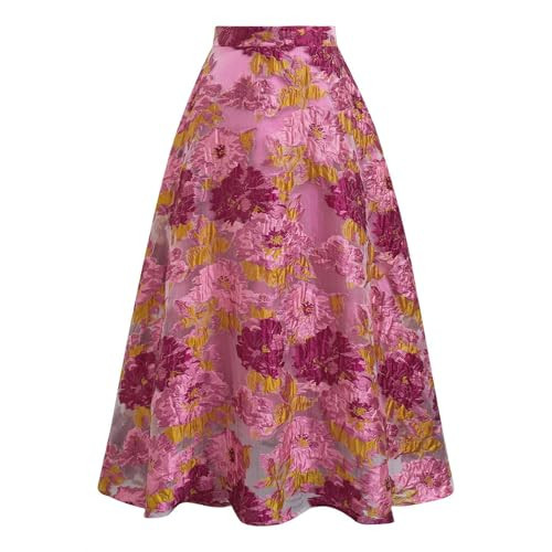 CHICWISH Women Floral Jacquard Flared Skirts High Waist A-Line Casual Garden Party Vintage Swing Midi Skirt Hot Pink | Amazon (US)