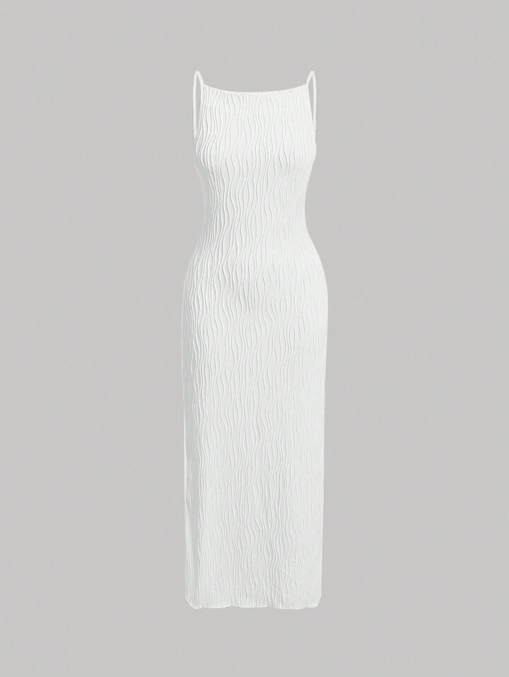 SHEIN MOD Solid Fuzzy Cami White Textured Long Dress,White Graduation Dress | SHEIN