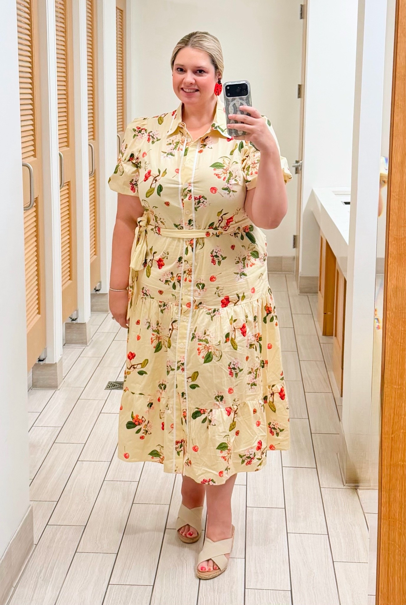 Summer office OOTD : a feminine shirt dress with cherry blossoms and ladybugs. This one is a little snug in the hips, recommend going up one from your usual size if you want a roomy fit.

#LTKPlusSize #LTKWorkwear #LTKootd