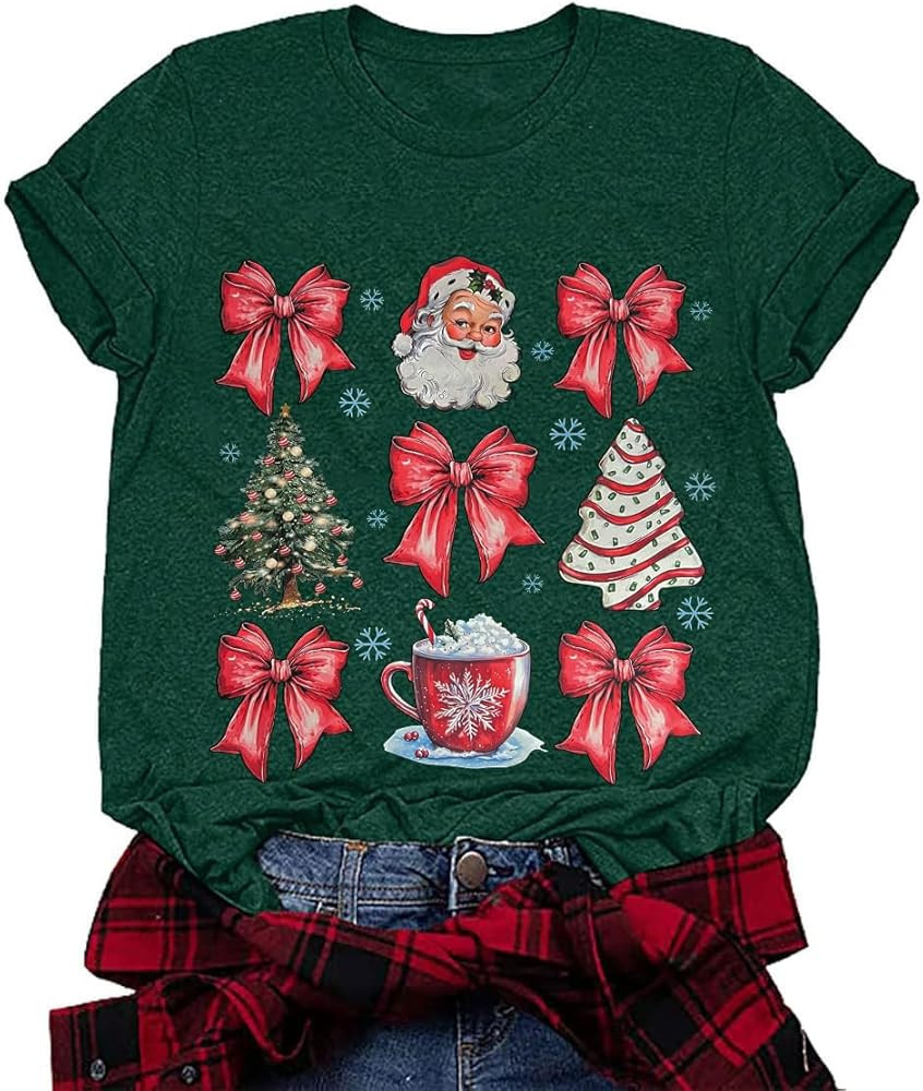 Merry Christmas Shirt for Women Coquette Bow Xmas T-Shirt Short Sleeve Santa Holiday Tee Tops | Amazon (US)