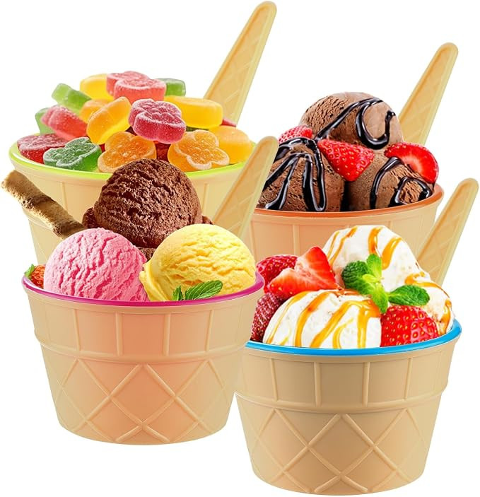 Tellshun 4 Pack Ice Cream Bowls and Spoons Set, Frozen Yogurt Cups with Spoons Durable Plastic Ca... | Amazon (US)