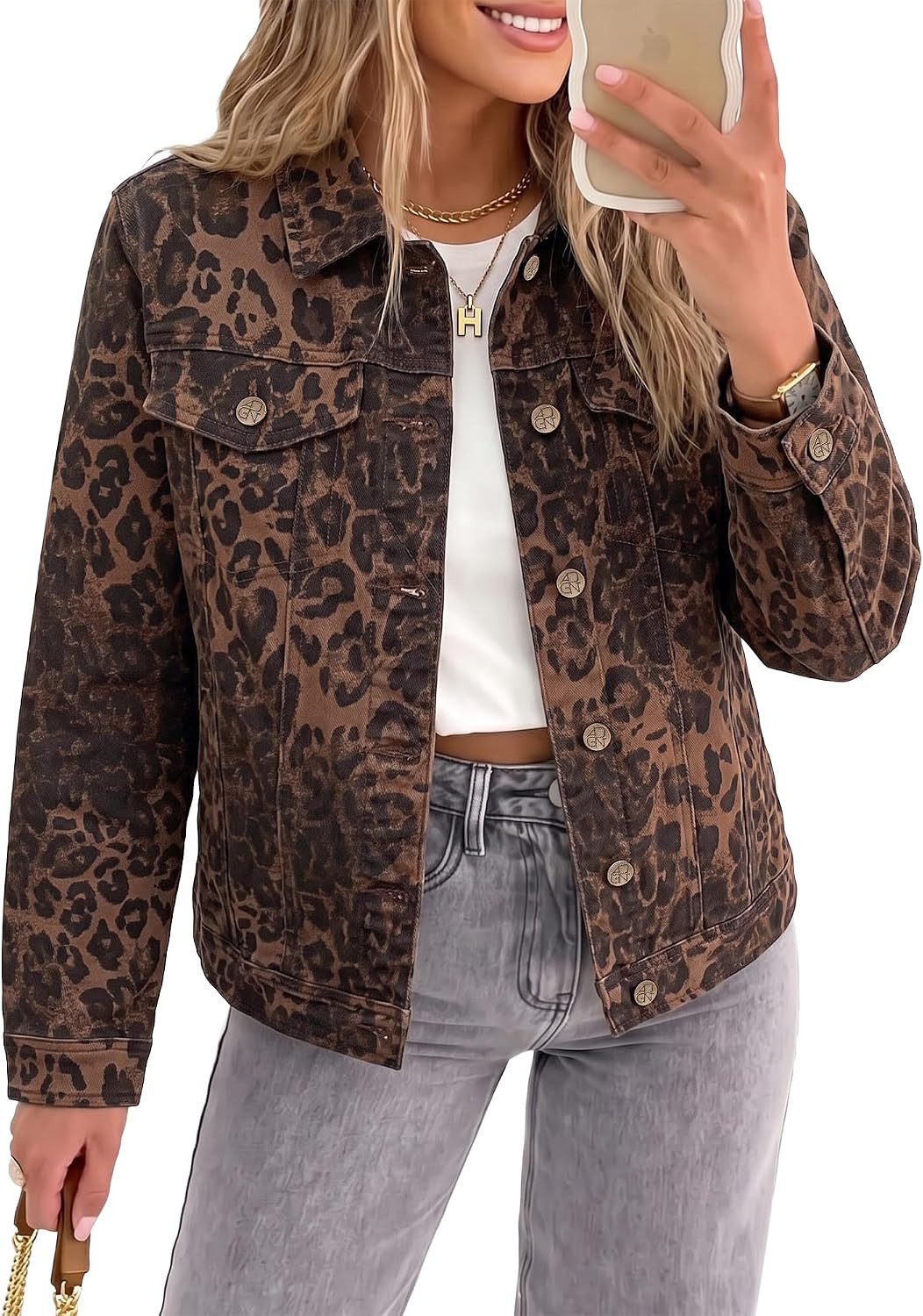 GRAPENT Leopard Cheetah Print Jean Jacket Women Casual Denim Trucker Jacket | Amazon (US)