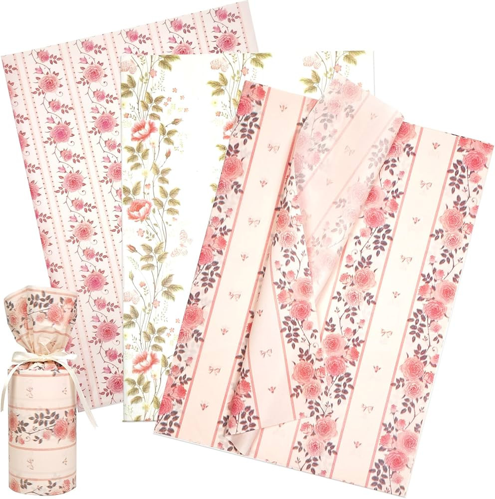 Vintage Floral Gift Wrapping Tissue Paper 28x20 in, Pretty Pink Rose Tissue Paper for Gift Bags, ... | Amazon (US)