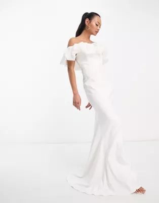 True Violet Bridal bardot fishtail maxi dress in ivory | ASOS (Global)