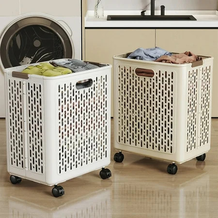 Xuniizn Laundry Hamper, 50L Collapsible Laundry Basket with Wheels,Waterproof Hamper with Handle, Multi Functional Laundry Sorter and Organizer, Tall Baskets for Organizing, Beige | Walmart (US)