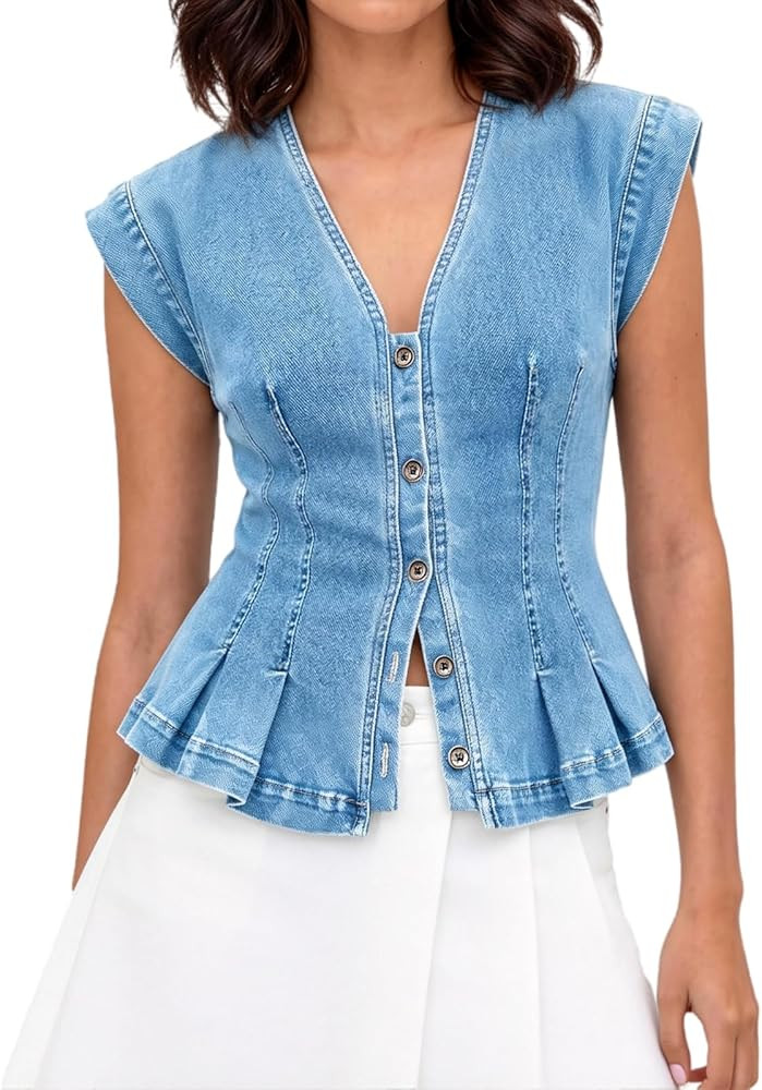 Denim Shirt Women Classic Button Down Summer Jean Vest Top V Neck Y2k Fitted Pleated Sleeveless J... | Amazon (US)