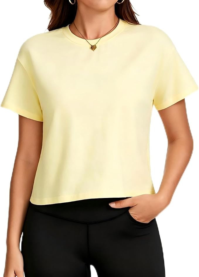 Women's Workout Cropped T Shirts Cotton Boxy Tops Crew Neck Short Sleeve Casual Loose Summer Crop... | Amazon (US)