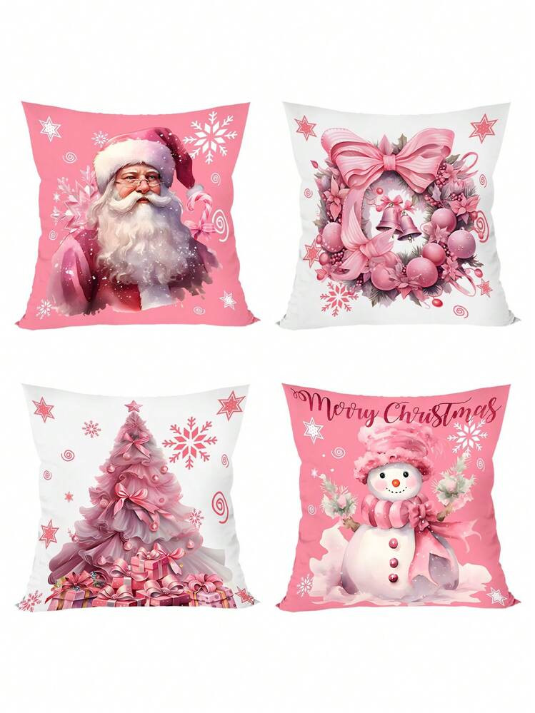 4pcs/Set Pink Christmas Cushion Cover, 45x45cm Santa Claus Snowman Xmas Tree Design Decorative Throw Pillow Case Christmas Decorations For Home 2024 Room Sofa Chair Pillowcase Ornaments Gifts Festive Holiday Party Supplies,Christmas | SHEIN