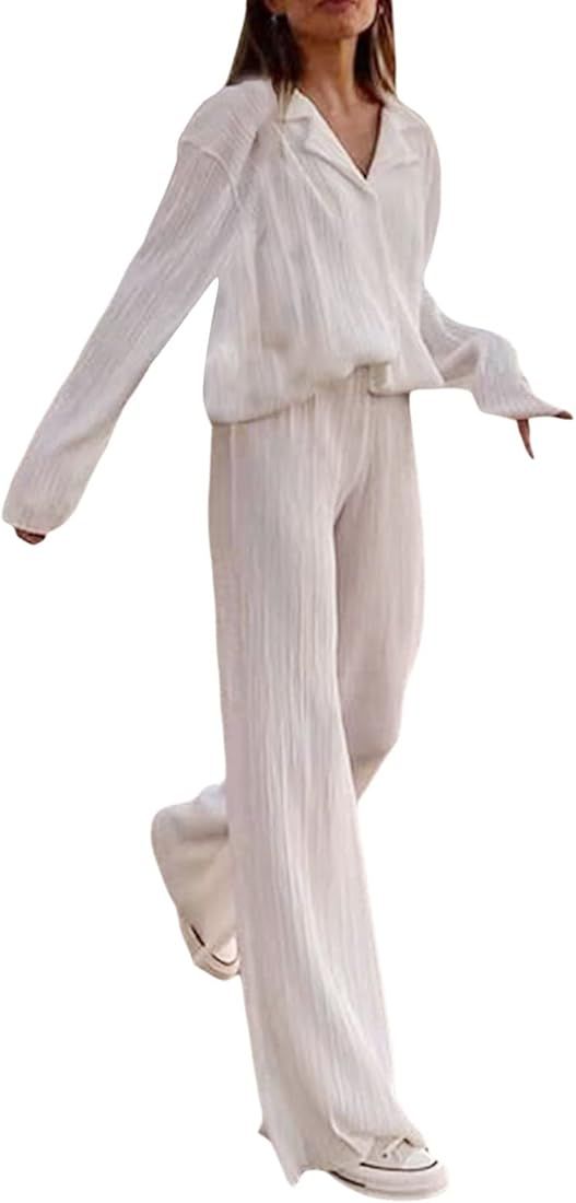 Franhais Wide Leg Pants Sets Women 2 Piece Outfits Casual Long Sleeve Button Down Shirt Linen Pants  | Amazon (US)