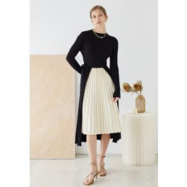Front Pleats Splicing Belted Hi-Lo Knit Dress in Black | Chicwish