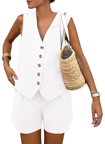 PRETTYGARDEN Women's Summer 2 Piece Outfits Sleeveless Matching Sets Button Down V Neck Vest Waistcoat and Pockets Shorts (White,Medium) | Amazon (US)
