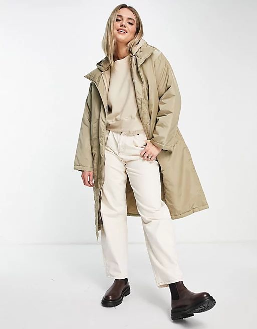 ASOS DESIGN quilted double layer parka coat in stone | ASOS | ASOS (Global)