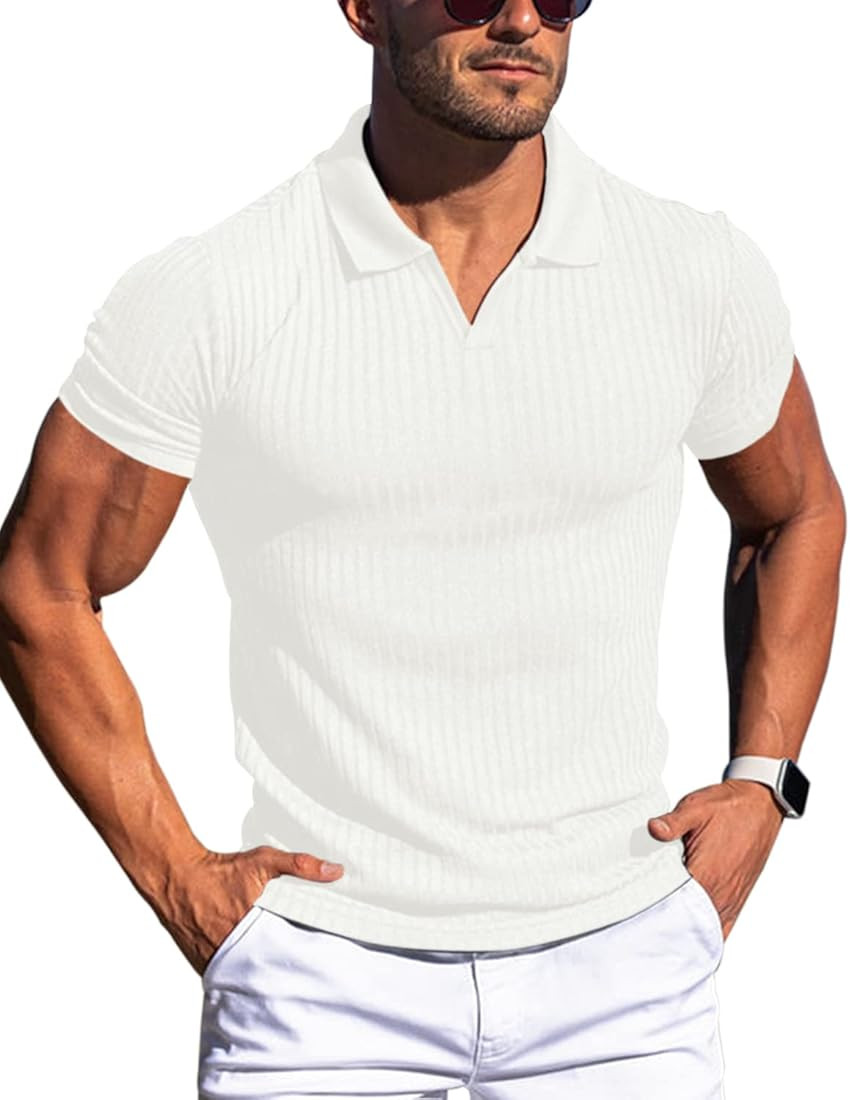 Gnvviwl Men's Muscle V Neck Polo Shirts Slim Fit Short Long Sleeve Cotton Golf T-Shirts Ribbed Kn... | Amazon (US)