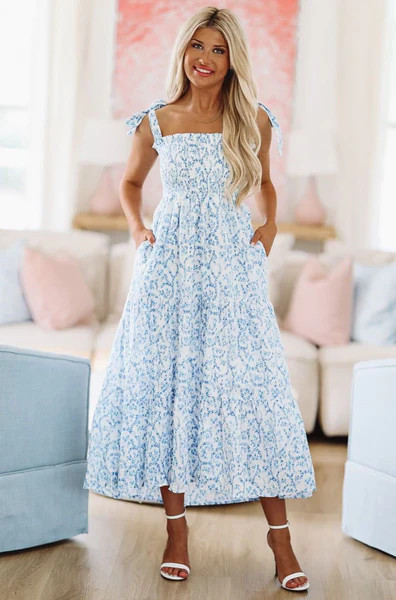 Summer Soiree Midi Dress - Blue and White | Hazel and Olive