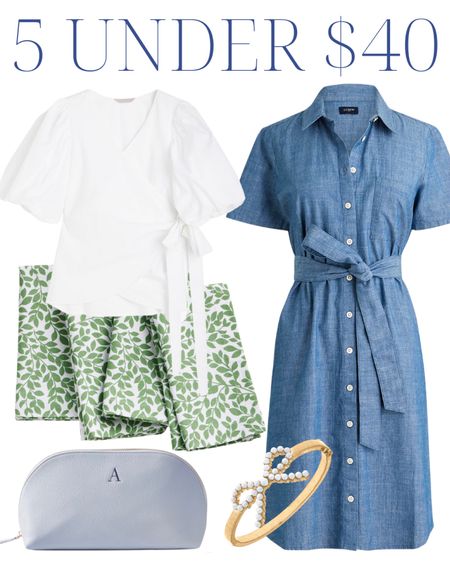 Chambray button up down dress tie belt nursing friendly white puff sleeve wrap top blouse shirt floral vine green and white napkins entertaining home decor light blue cosmetic bag personalized monogrammed leather bag gift idea white pearl bow bracelet cuff preppy style jewelry 

#LTKstyletip #LTKunder50 #LTKhome